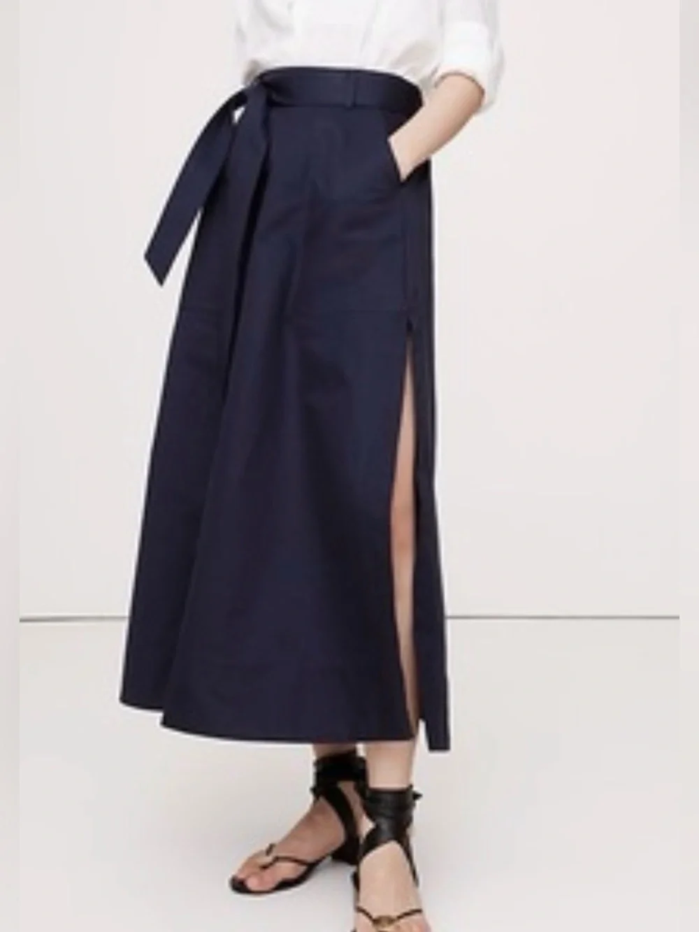 NWT Banana Republic Cotton Sateen Side Split Maxi Navy Skirt Sz XS